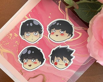 Mob Psycho Face Stickers | Shigeo Ritsu Ekubo Kawaii Vinyl Matte Stickers | Waterproof and Dishwasher Safe