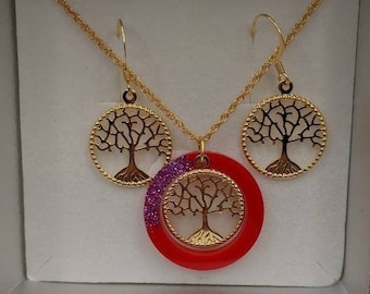 Tree of life set. Gold plated earrings and necklace with red and purple glitter resin pendant.