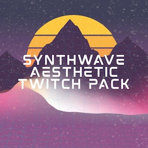 Puede incluir: Gráfico digital con estética retro synthwave. El diseño presenta una cordillera estilizada, un sol poniente y el texto "SYNTHWAVE AESTHETIC TWITCH PACK" en blanco. La paleta de colores incluye morado, rosa y amarillo.