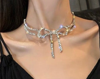 Rhinestones bow chocker necklace, party jewelry, Korean necklace, silver chocker, Exaggerated chocker, gift for her