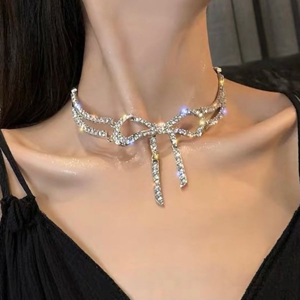 Rhinestones bow chocker necklace, party jewelry, Korean necklace, silver chocker, Exaggerated chocker, gift for her