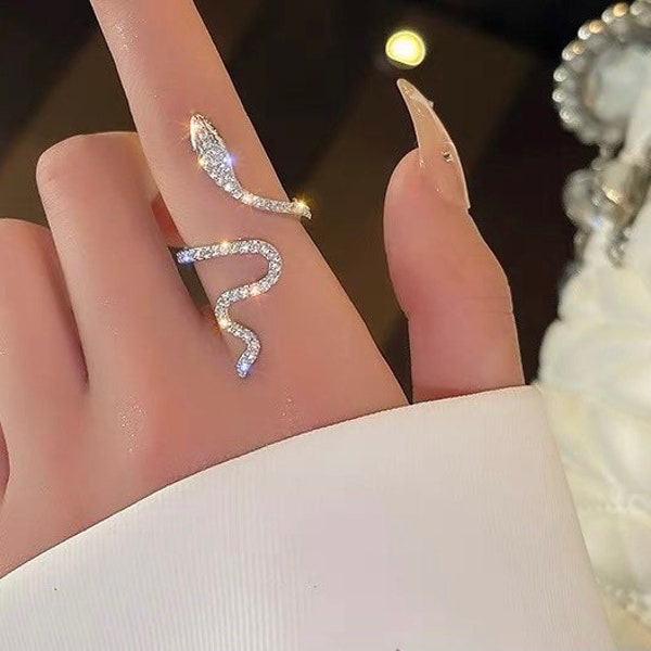 Snake ring, adjustable snake ring, rhinestones snake ring,  silver snake ring, gift for her