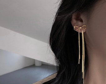 Bow earrings, Fashion long gold tassel bow earrings,Korean earrings, elegant fashion jewelry, gift for her
