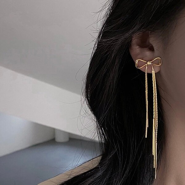 Bow earrings, Fashion long gold tassel bow earrings,Korean earrings, elegant fashion jewelry, gift for her