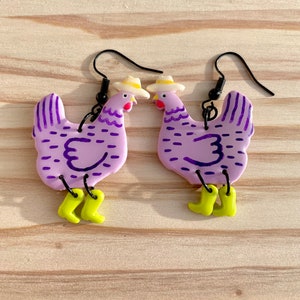 Cowboy chicken earrings Purple (green boot)
