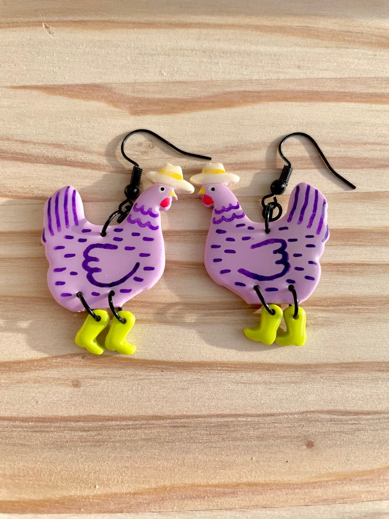 Cowboy chicken earrings Purple (green boot)