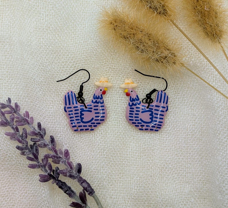 Custom Cowboy Chicken Earrings – Choose Your Boot Color! Lilac