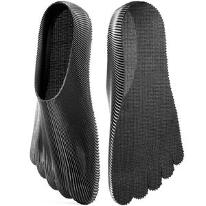 May include: Black footwear with a distinctive design, featuring a textured sole and a ribbed upper. The shoes are designed to fit the foot, with a separate compartment for each toe. The footwear is shown against a white background.