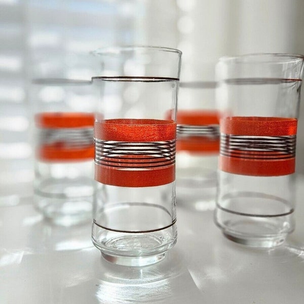 4 Vintage 1970's LIBBEY Orange Brown Striped Glasses Drinking Tumbler 6.5" Tall