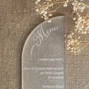 Wedding menu in frosted plexi or wood to customize