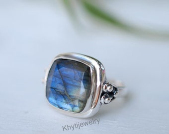 Rainbow Labradorite Square Ring ~ Gemstone ~ Natural ~Sterling Silver 925 ~ Jewelry ~ Handmade~February Birthstone ~Statement ~Gift ~MR111