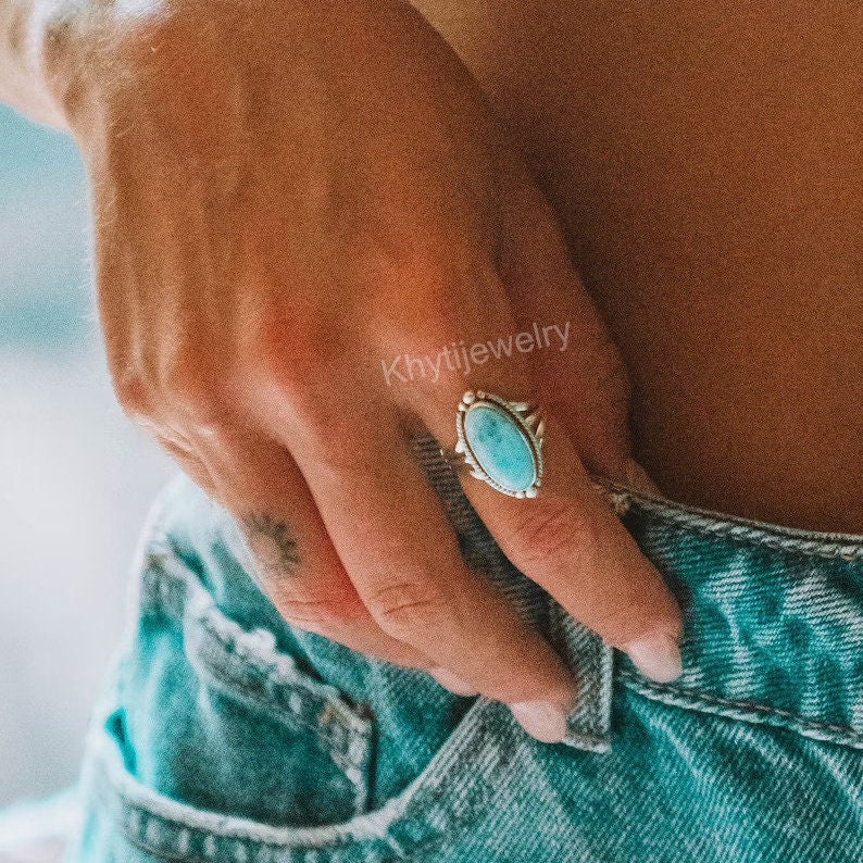 Turquoise Ring Sterling Silver 925 Handmade Statement Hippie Bohemian Jewelry Gift For Her GemstoneDecember BirthstoneMR249 image 6