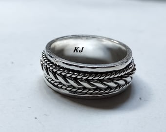 Silver Spinner Ring, Oxidized Anti-Stress Band with  silver rope, 925 Solid Sterling Silver, Handmade Ring for Men or Women