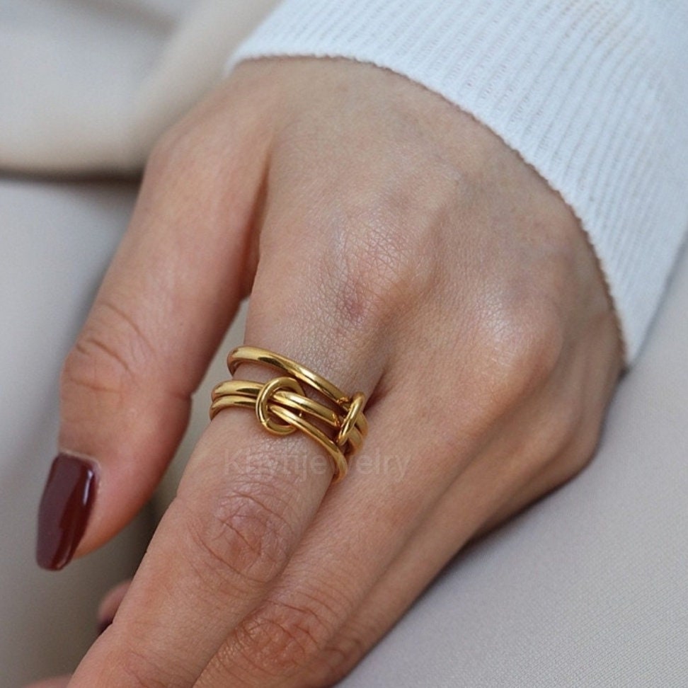 Triple Layers Strand Loop Ring, Dainty 18K Gold Plated Connector Link Ring,  Triple Hoop Interlock Rings, Indext Finger Rings for Women 