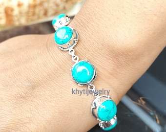 Turquoise link bracelet in 925 silver. Bohemian turquoise link bracelet for men and women. Gemstone Bracelet bangle for statement look.