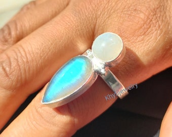 Natural Moonstone and Labradorite ring , Blue flashy two gemstone ring , Sterling silver labradorite ring , Bridesmaid gift , Gift for her