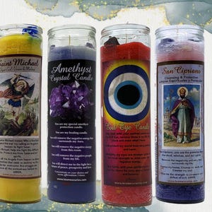 May include: Four glass candle jars with colorful labels and wax. The labels feature religious imagery, a crystal, and an evil eye. The candles are labeled "Saint Michael", "Amethyst Crystal Candle", "Evil Eye Candle", and "San Cipriano".