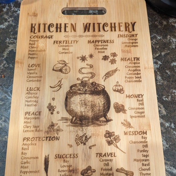 Kitchen Witch Bamboo Cutting Board | Ingredients Cutting Board | Laser Engraved | Wiccan Bamboo Cutting Board | Spices And Their Meanings