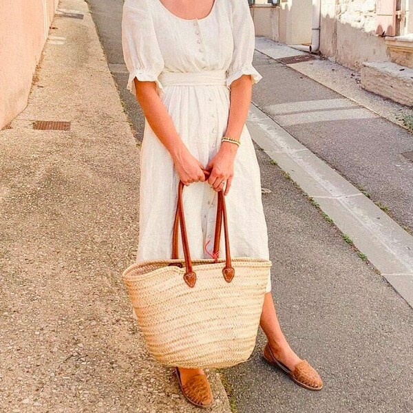 FRENCH BASKET Marktkorb mit Obstkorb aus Leder, Strohtasche, französischer Markt, Korb, Markttasche