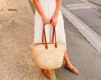 FRENCH BASKET Marktkorb mit Obstkorb aus Leder, Strohtasche, französischer Markt, Korb, Markttasche