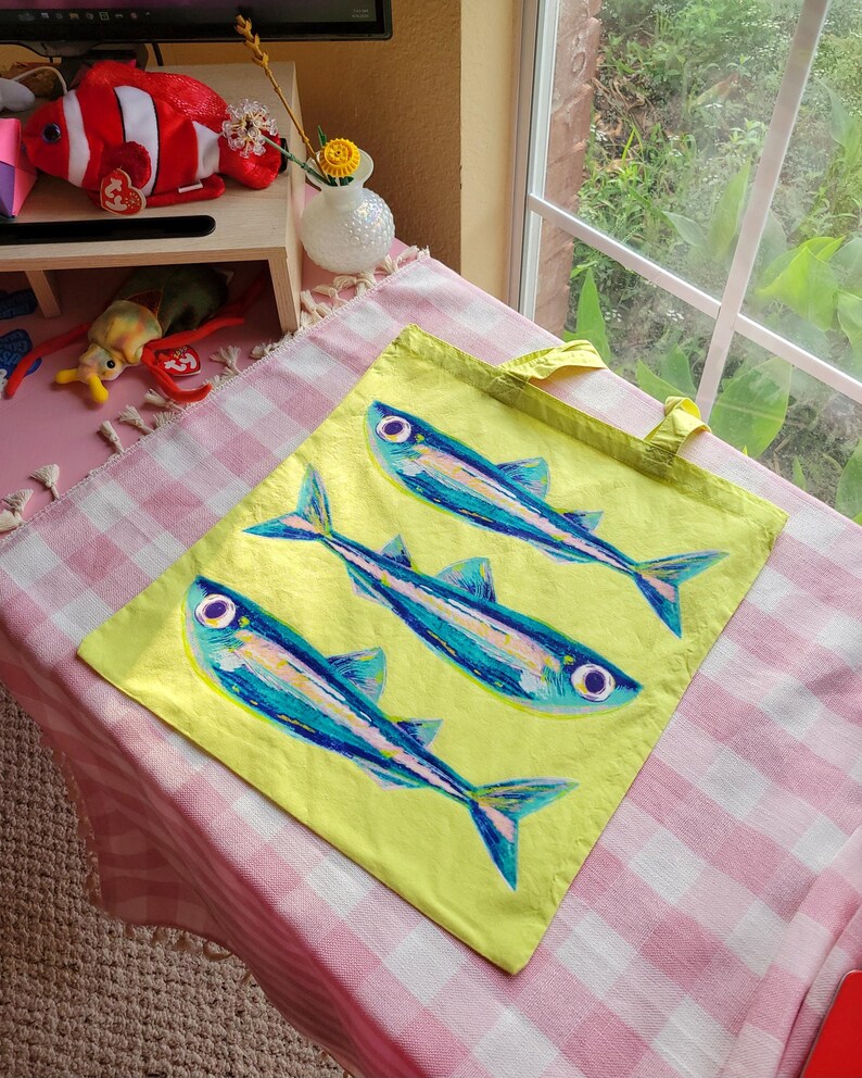 sardines lime green lightweight tote bag heat pressed afbeelding 3