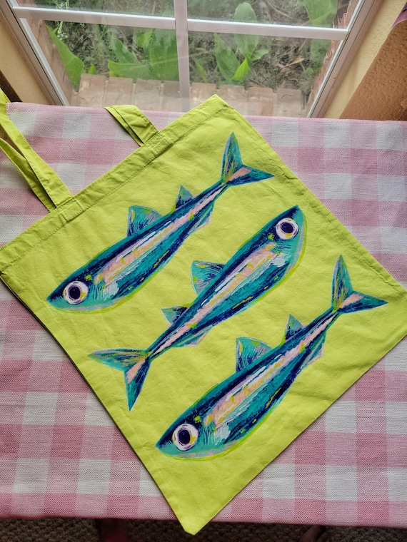 sardines lime green lightweight tote bag heat pressed