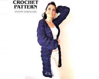 Łatwy wzór na szydełkowy kardigan Duster, aksamitny szlafrok kimono, długi płaszcz, wzór PDF dla początkujących