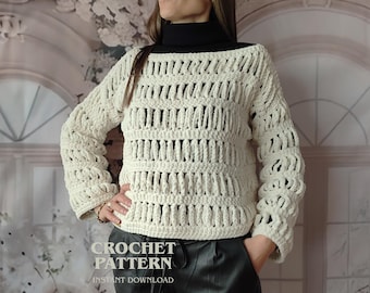 Patrón de suéter de crochet fácil con hilo grueso de terciopelo, jersey rápido para principiantes, top de malla DIY, patrón de jersey bohemio en PDF