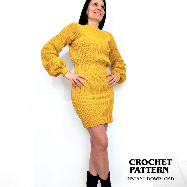 Einfaches geripptes Häkelmuster für Pullover Kleid PDF, Anfänger Kurzes Kleid Maßanfertigung, Gemütliches Langarm Bodycon Winter Häkelanleitung Bild 2
