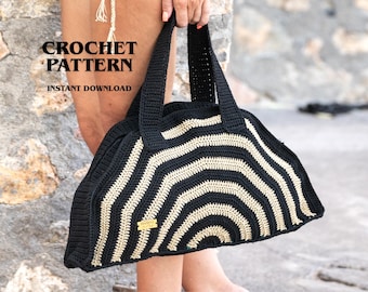 Striped Tote Bag Crochet Pattern, Half Circle Beach Handbag with Zipper, Beginner Purse PDF Pattern