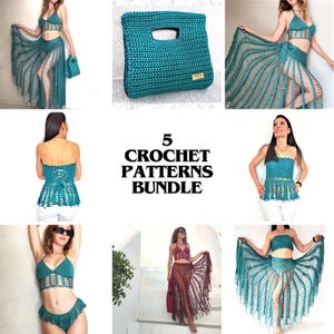 Paquete de 5 patrones de crochet para mujer: patrón digital de falda larga, patrón de bolso de crochet en PDF, patrón de top de bikini tipo bralette, patrón DIY para mujer.
