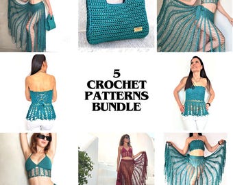 5 Crochet Patterns Bundle for Women ~ Bralette, String Bikini, Skirt, Bag & Peplum Top PDF ~ Summer Festival Clothing Set