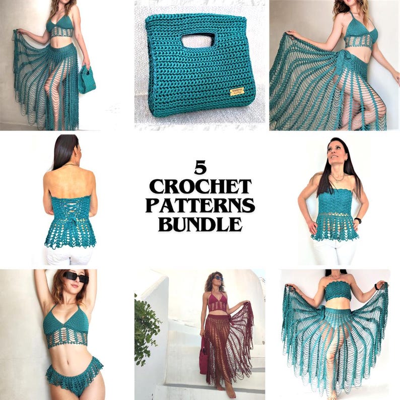 May include: A digital collage featuring 5 crochet patterns bundle text in the centre, surrounded by various teal crochet garments including bikini tops, skirts, and a handbag, showcasing intricate stitch work and open-knit designs.