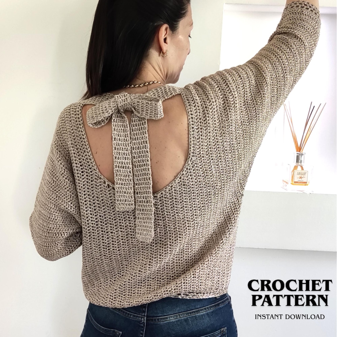 Crochet Sweater Pattern Open Back Tie Top Batwing Sleeves PDF crochet-sweater-pattern-open-back-tie-top-batwing-sleeves-pdf