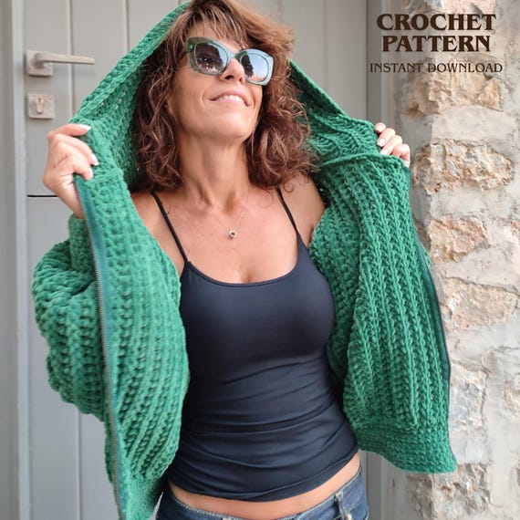 Zip Up Hoodie Crochet Pattern, Hooded Bomber Jacket, Zipper Cardigan, Spring Crochet Outerwear, PDF Pattern