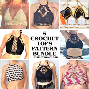 5-mönsterpaket med virkade toppar – 5 halterneckmönster för bohemisk bralette i gotisk stil ~ Y2K-virkad crop top, spindelnät, dödskalle och nät