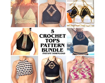 5 Crochet Tops Pattern Bundle – 5 Halter Top Patterns for Boho Bralette in Gothic Style  ~ Y2K Crop Top, Spider Web, Skull and Mesh Crochet