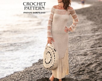 Boho Sommerkleid Schnittmuster, Netz Kleid lange Ärmel mit Fransen (PDF Anleitung)