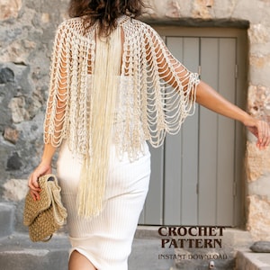 May include: A beige crochet shawl with fringe detail. The shawl is worn over a white dress. A matching beige handbag is held in the left hand. The text "CROCHET PATTERN INSTANT DOWNLOAD" is visible in the lower right corner.