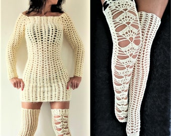 Crochet Sweater Dress Pattern Thigh High Socks 2 in 1