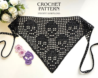 Crochet Skull Bandana Muster | Goth Kopftuch, Filethäkeln Halstuch, Easy Crochet PDF Pattern Digital Download