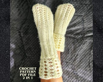 May include: A pair of cream-colored crocheted socks featuring a ribbed texture and a decorative openwork cuff. The text CROCHET PATTERN PDF FILE 2 IN 1 is printed in white in the lower left corner of the image.