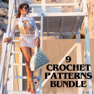 May include: A woman wearing a white crochet top and skirt, standing on a white wooden structure. She is holding a striped crochet bag. The text "9 CROCHET PATTERNS BUNDLE" is displayed on the image.