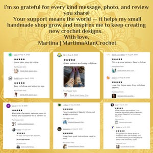 May include: Image of a gold-toned background with text and customer reviews. The text reads, "I'm so grateful for every kind message..." and includes the shop name. Reviews are displayed with 5-star ratings and comments about crochet patterns.