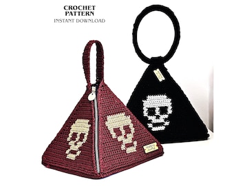 Patrón de bolso de ganchillo, bolso gótico, bolso de mano con calavera de mosaico, patrón de bricolaje para Halloween en PDF