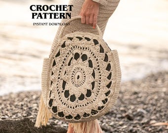 Round Crochet Bag Pattern, Circle Beach Tote, Market Handbag, Summer Raffia Purse DIY, PDF Pattern