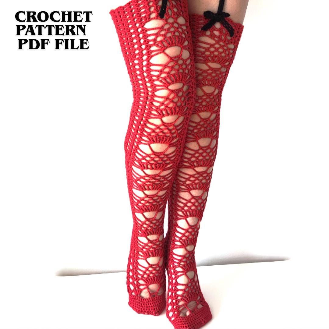 Thigh High Crochet Socks Pattern PDF, Lace Burlesque Stockings, Knee High Leg Warmers, Sock Pattern, Boho Fishnet Crochet Lingerie