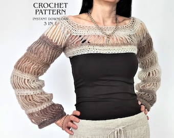 Patrón de top corto de manga larga a crochet, suéter de mohair de malla (PDF), encogimiento de hombros fácil de hacer (DIY)