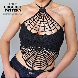 May include: A black crochet halter top featuring a spider web pattern on the chest and lower hem, with a solid crocheted midsection. The text PDF CROCHET PATTERN INSTANT DOWNLOAD is visible in the upper left corner of the image.