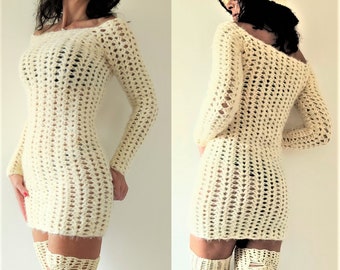 Crochet Pattern Sexy Sweater Dress, Midi Mesh Bodycon Tunic Off Shoulder Y2K